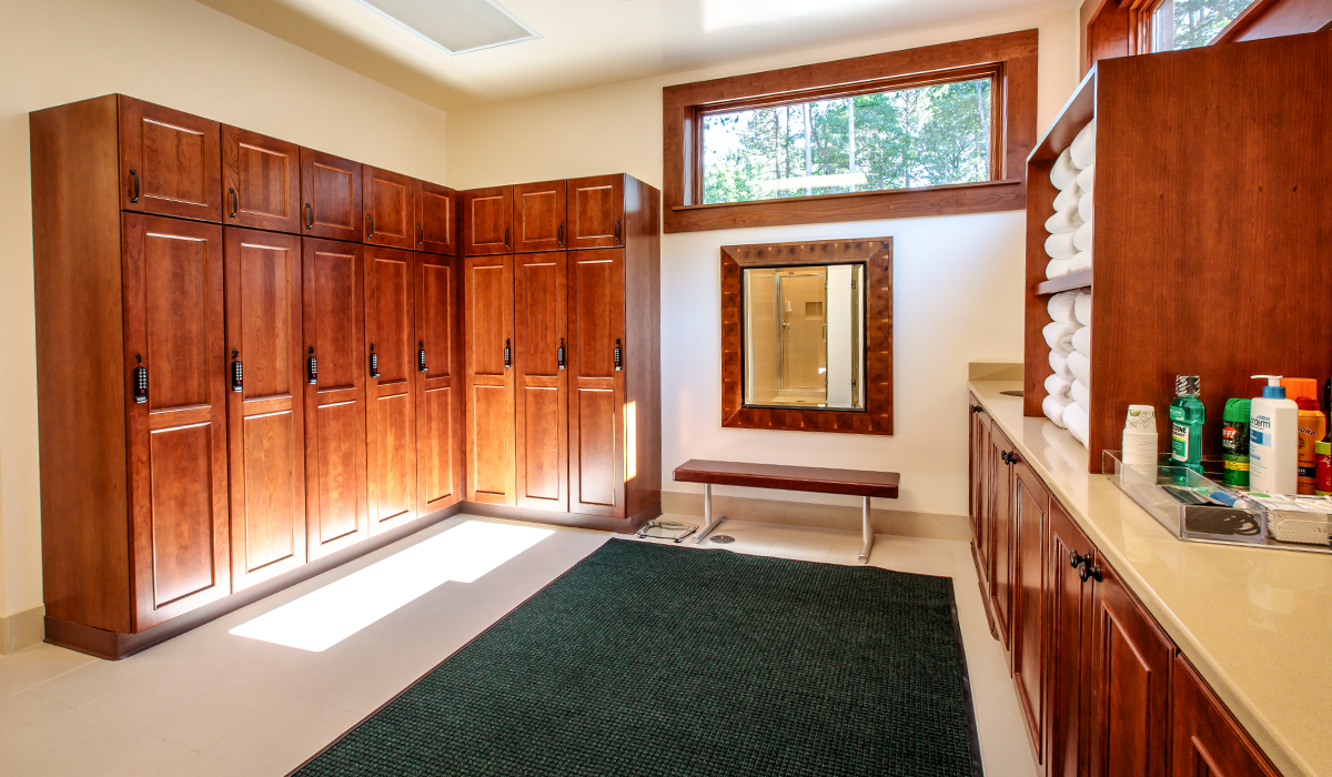 Upscale locker rooms are spotless, spacious and fully stocked.
